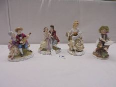 Four continental porcelain figures each stamped with a crown over M R.