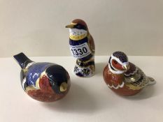 3 Royal Crown Derby Paperweights with gold stoppers, Including Bullfinch