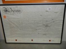 framed and glazed indenture dated 1-7-1896, stamped and wax sealed, 76 x 56 cm, COLLECT ONLY.