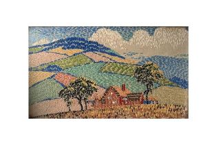 A framed stitch work tapestry picture of a rural scene