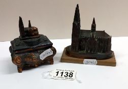 A pair of bronzed white metal models of Cologne/Koln Cathedral, 1 as a trinket box