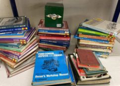 Over 40 Haynes Car Manuals, other car manuals, and box of Collectors Classic Car Club cards