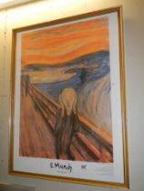 A framed and glazed museum poster entitled 'The Scream, E Munch' collect only.