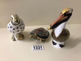 3 Royal Crown Derby Paperweights with gold stoppers, Including Pelican, Song Thrush and Terrapin