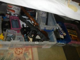 Three boxes of miscellaneous gun/rifle/air rifle laser sights, tele sights etc., COLLECT ONLY.