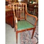 An early 20th century mahogany inlaid elbow chair, COLLECT ONLY.