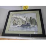 A framed and glazed mid 20th century watercolour featuring a barge, COLLECT ONLY.