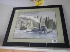A framed and glazed mid 20th century watercolour featuring a barge, COLLECT ONLY.