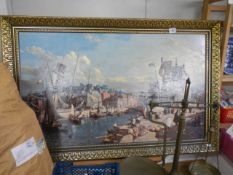 A gilt framed scene of 19th century docks. COLLECT ONLY.