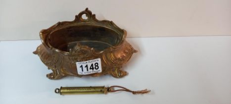 A French metal 4 footed pot & a gold fishermans scale