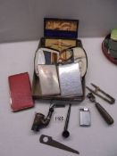 A mixed lot including vintage cigarette cases, lighter, old pipe, novelty pipe/pen, manicure sets.