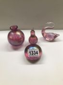 4 pink crackle glass items including paperweight, swan etc