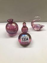 4 pink crackle glass items including paperweight, swan etc