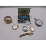 A silver cased 'J Glover, Lincoln' pocket watch a/f, various watches & a qty of brooches & earings.