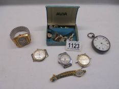A silver cased 'J Glover, Lincoln' pocket watch a/f, various watches & a qty of brooches & earings.