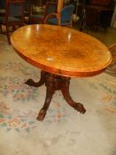 A Victorian figured walnut oval tip top table on bird cage base, COLLECT ONLY.