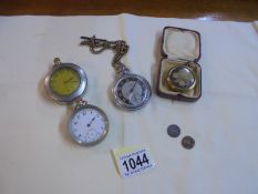 Three old pocket watches a/f, one on brass chain and a dried flower in case.