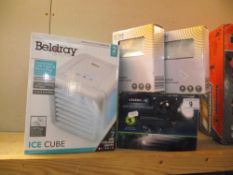 2 boxed floodlights with motion sensor, LED solar spotlight, Beldray Icecube (cools and humidifies)