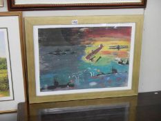 A framed and glazed naval and air battle scene pastel painting in a naive style initialled W.B.