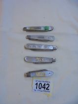 Five silver and mother of pearl fruit knives - 1852, 1894, 1896, 1900, 1923.