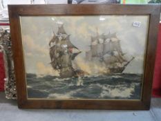 A framed study of galleons in battle entitled The Days of Adventure by Montague Dawson, COLLECT ONLY
