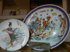 A large signed hand painted Chinese plate and a smaller example.