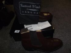 A boxed pair of new Samuel Windsor hand made boots size 10 in brown