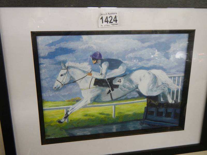 A framed and glazed signed horse and jocky watercolour, COLLECT ONLY - Image 3 of 3