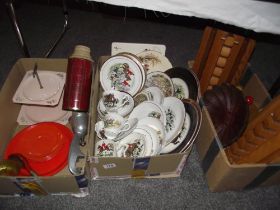 An interesting lot of vintage kitchenalia including Sylvac, hunting scene plates plus coat hooks and