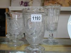 Three vintage moulded glass celery vases, COLLECT ONLY.