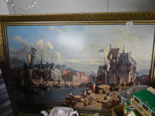 A large gilt framed village on river scene, COLLECT ONLY.