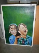 A modern painting on board of two small children, COLLECT ONLY.