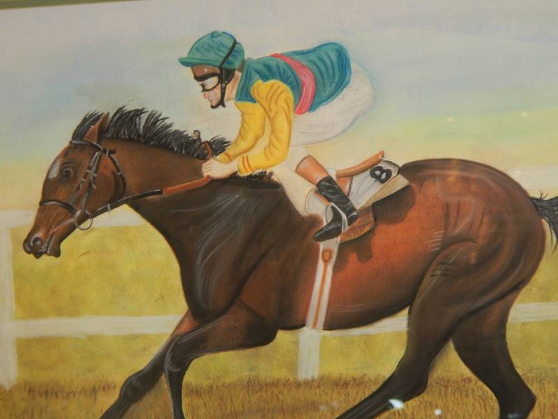 A framed and glazed signed print featuring a horse and jockey, COLLECT ONLY. - Image 2 of 3