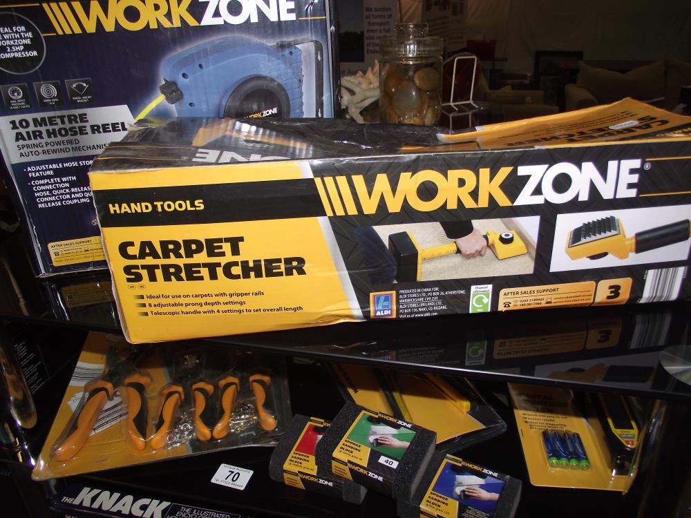 Workzone Air hose reel, carpet stretcher, punch pliers, wire stripper etc