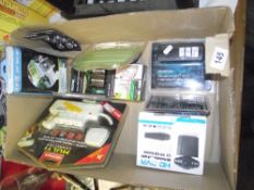 A box of misc including Blue tooth hands free kit, portable dvr, rechargable batteries etc