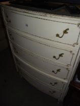 A vintage bow front white bedroom chest of drawers with ormalu decoration and glass top COLLECT ONLY