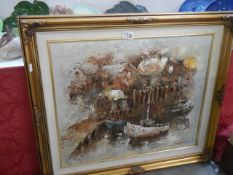 A mid 20th century oil on canvas featuring a fishing harbour and signed Jonson. COLLECT ONLY