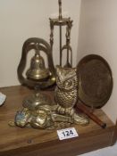 A quantity of brass items including Lincoln Imp door knocker, miniature companion set, owl etc