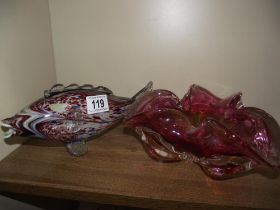 A Bohemian glass dish and a decorative glass fish