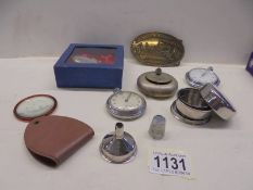 A mixed lot including pocket watches, brass buckle, travelling colapsible beaker etc.,