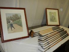 Two framed and glazed golfing prints and a quantity of golf clubs. COLLECT ONLY.