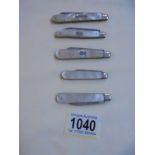 Five silver and mother of pearl fruit knives - 1908, 1919, 1920, 1928 etc.,