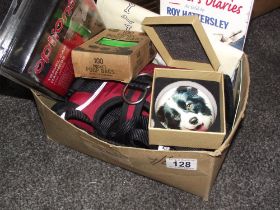 A quantity of mainly new dog items including harness, car harness, tea towels featuring dogs etc