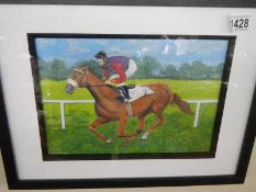 A framed and glazed signed horse and jocky watercolour, COLLECT ONLY