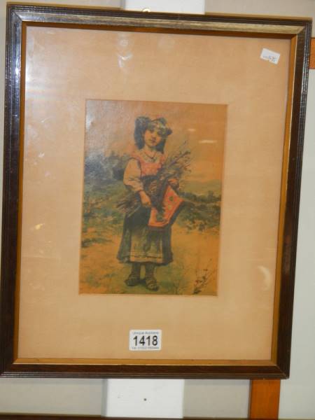 An early 20th century framed print of a young girl, COLLECT ONLY.