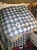 2 packs of 4 blue gingham kitchen chair seat cushions and a matching tablecloth
