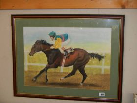 A framed and glazed signed print featuring a horse and jockey, COLLECT ONLY.