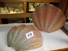 2 art deco pink glass clam shell shades