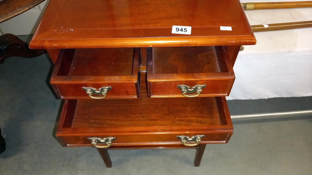 A mahogany side table with 3 drawers and string inlay top 45cm x 35cm x height 75cm COLLECT ONLY - Image 2 of 2