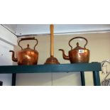 2 heavy Victorian copper kettles and a copper washing posher